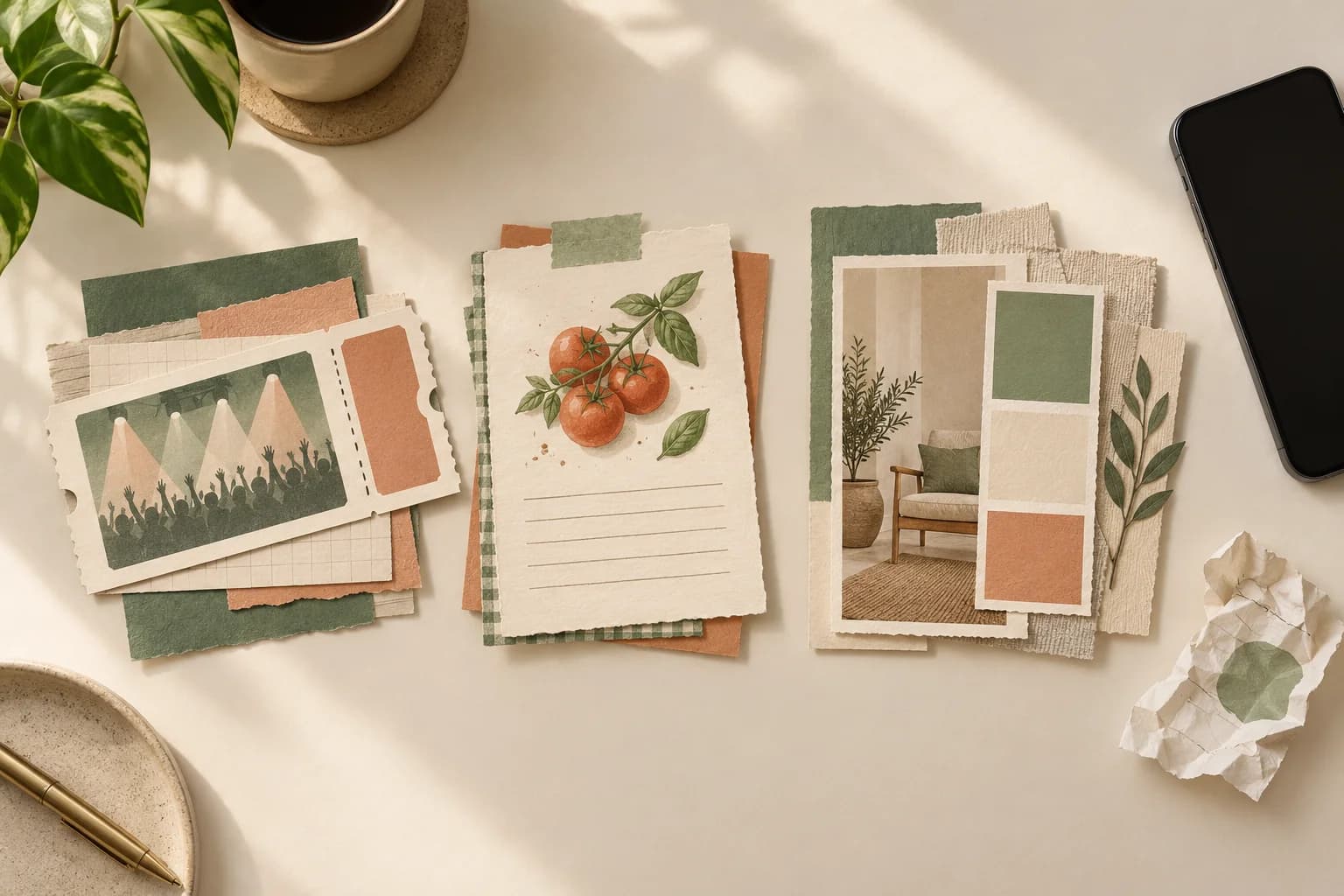 Illustrated ticket, recipe, and design references arranged beside a phone