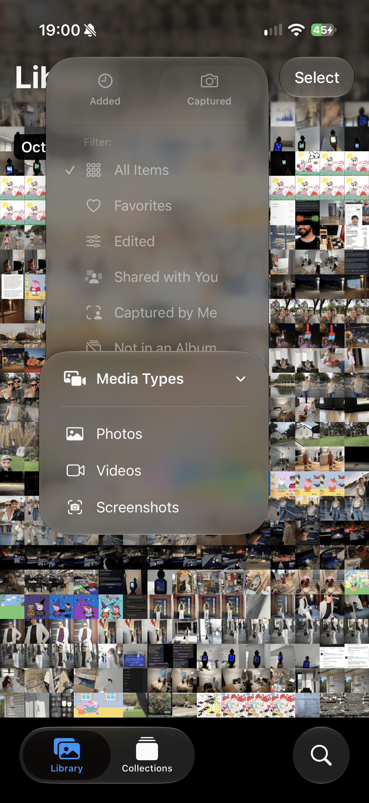 Media Types submenu listing Photos, Videos, and Screenshots, with All Items selected above