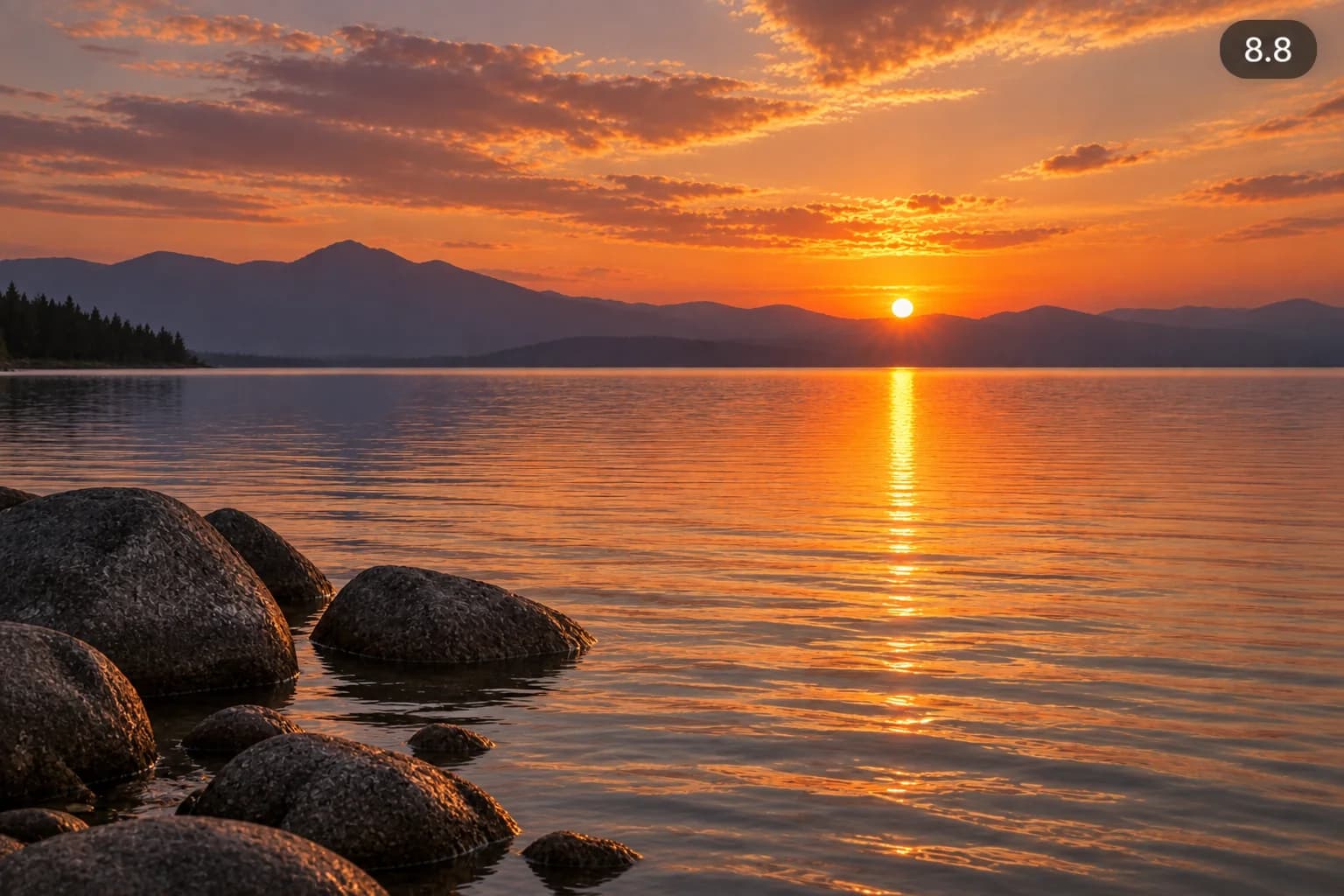 A similar golden lake sunset with slightly different framing and a score label of 8.8