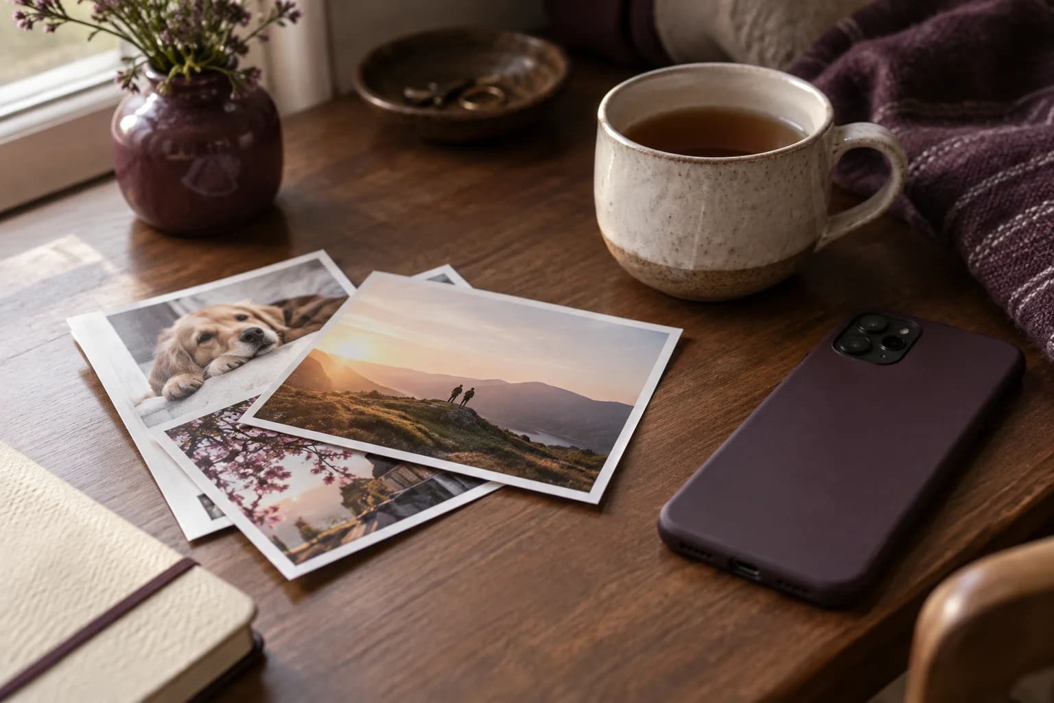 Photo prints beside a phone and tea in warm window light