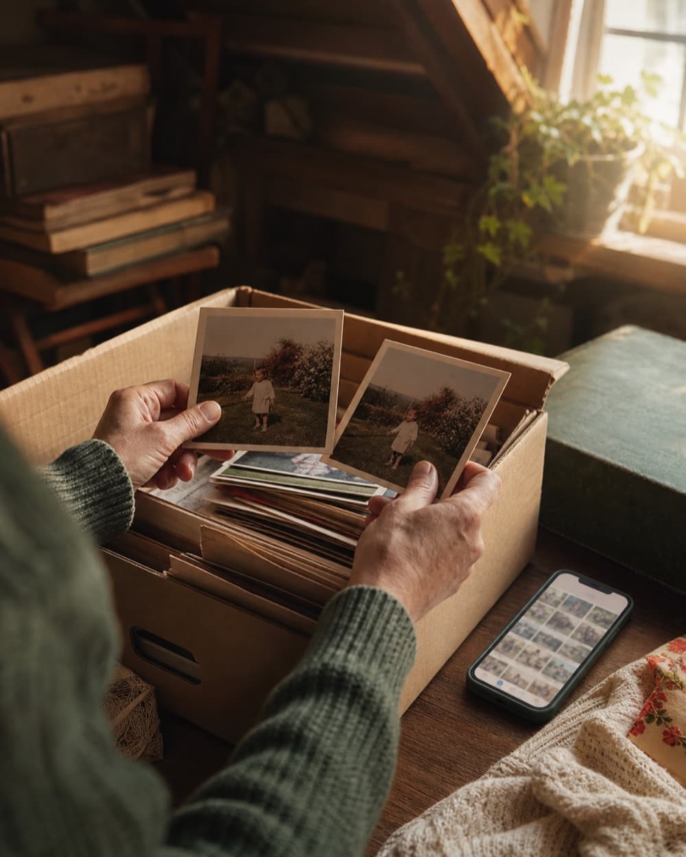 Someone sorting a box of old photographs beside an iPhone photo library