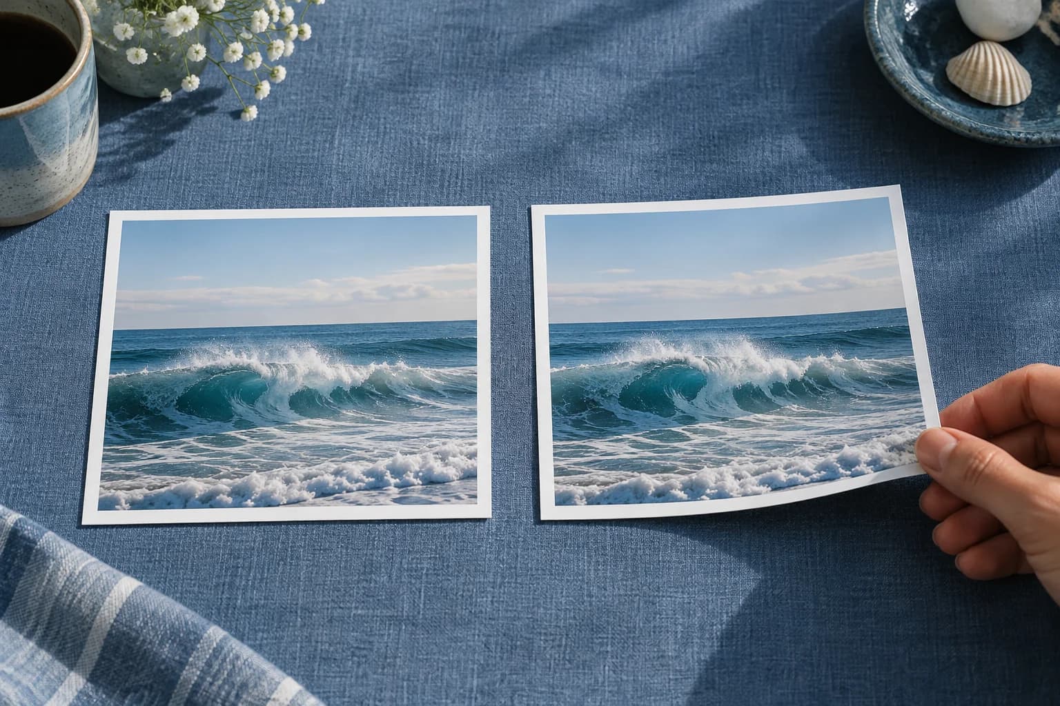 Two matching ocean-wave prints, with one copy being lifted
