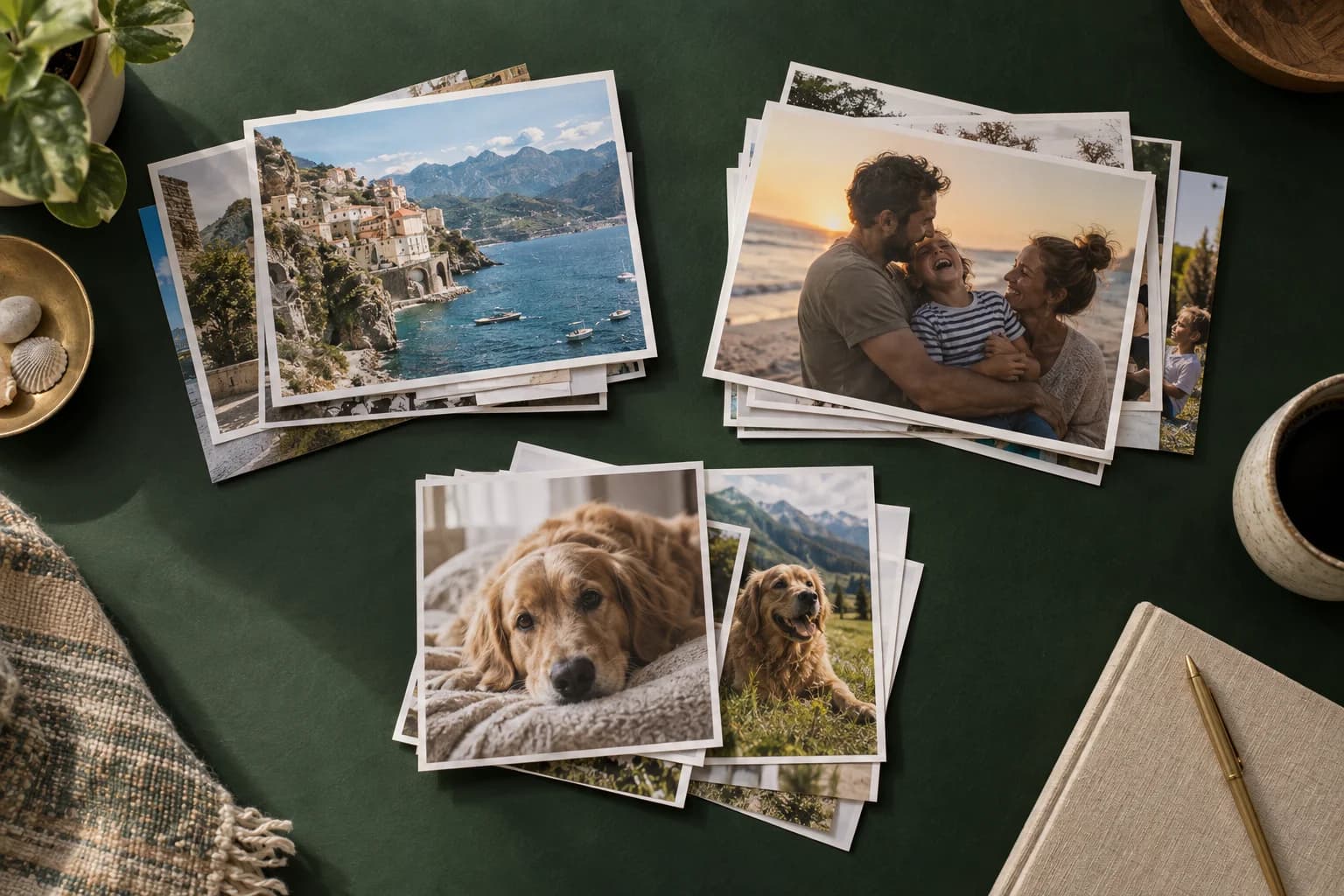 Travel, family, and pet photo prints arranged on a green tabletop