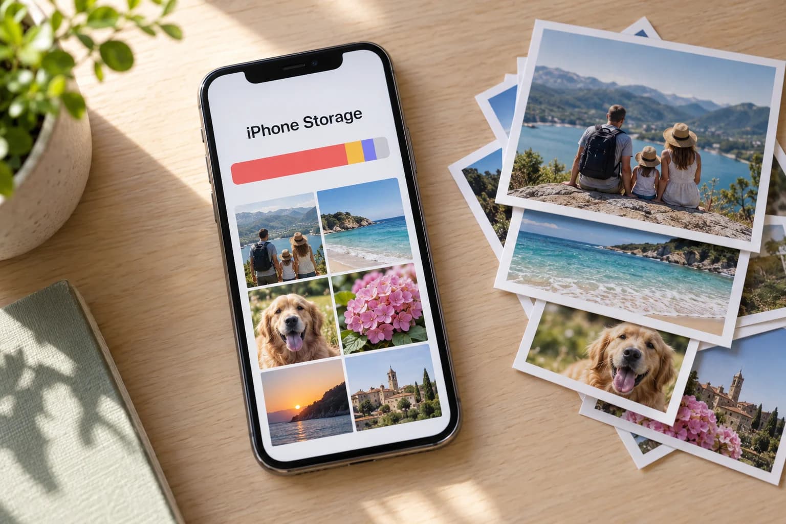 iPhone storage overview beside treasured printed photos